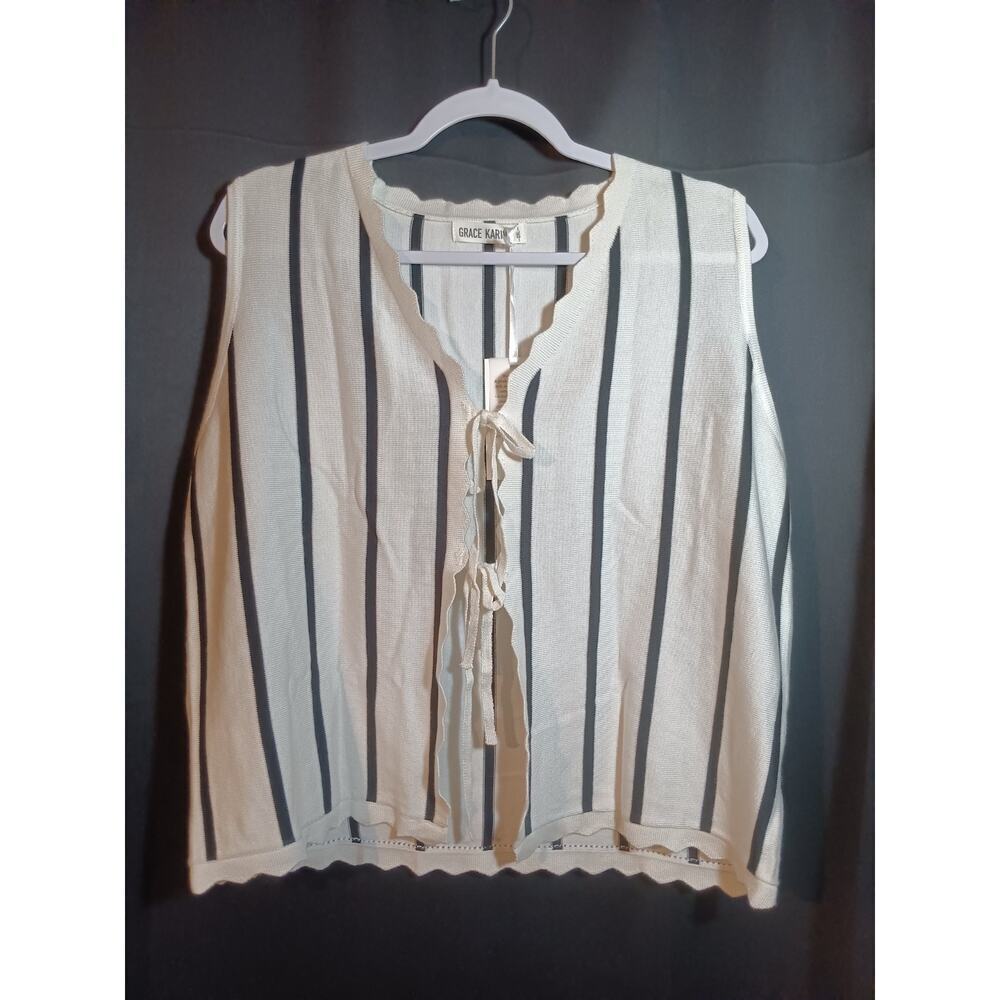 Grace Karin 2XL Tank Top White Blue Stripe Tie Front Scallop Hem NWT Coastal